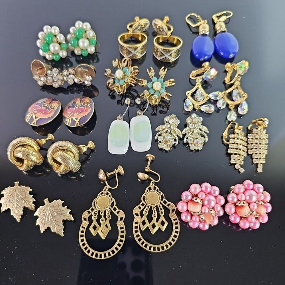 Vintage Gold Tone Earrings Lever Screw Back Clip Hook Cluster Rhinestone Drop